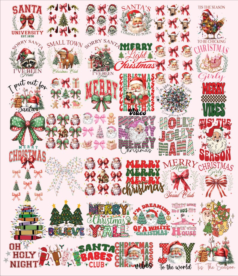 May include: A digital collage of Christmas-themed designs featuring Santa Claus, reindeer, bows, and Christmas trees. The designs include phrases like "Merry Christmas", "Santa's Coming to Town", and "Tis the Season".