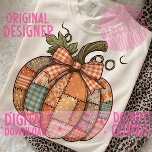 May include: Cream-coloured sweatshirt featuring a patchwork pumpkin design with a gingham bow. The pumpkin is composed of various fabric patterns in orange, brown, and green. The text "DIGITAL DOWNLOAD" is visible.