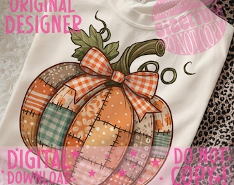 ヴィンテージパッチワークパンプキンPNG、秋の刺繍PNG、レトロなキルトパンプキンデザイン、秋のコテージコア昇華、ファームハウスの秋PNG