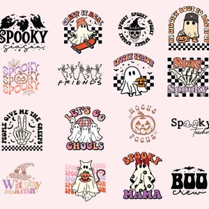 Op de afbeelding: Een verzameling van 12 Halloween-ontwerpen met geesten, skeletten, pompoenen en vleermuizen. De ontwerpen zijn in verschillende kleuren, waaronder roze, paars, zwart en wit. De tekst op de ontwerpen bevat zinnen als "Spooky Season", "Let's Go Ghouls" en "Boo Crew".