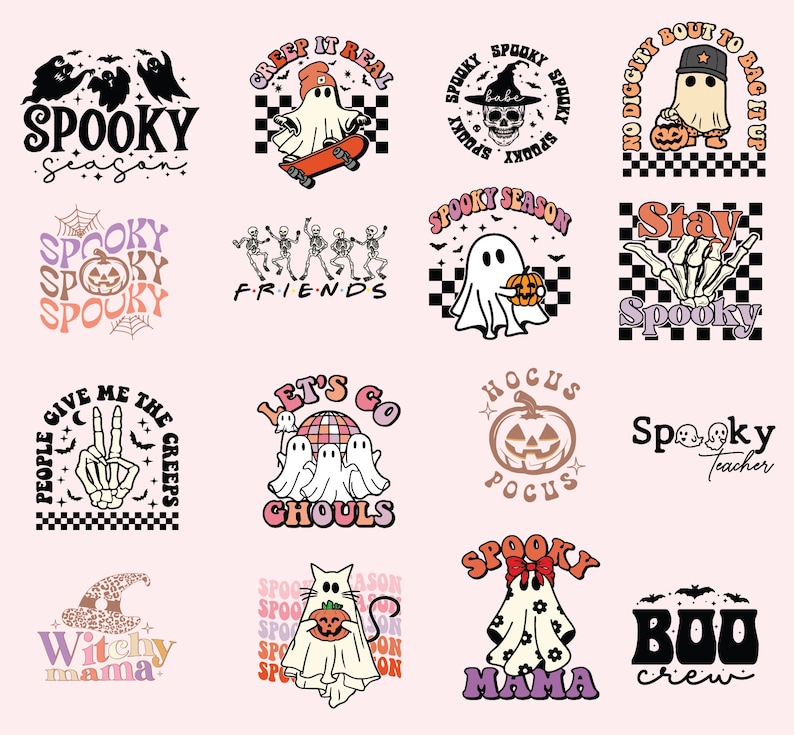 Op de afbeelding: Een verzameling van 12 Halloween-ontwerpen met geesten, skeletten, pompoenen en vleermuizen. De ontwerpen zijn in verschillende kleuren, waaronder roze, paars, zwart en wit. De tekst op de ontwerpen bevat zinnen als "Spooky Season", "Let's Go Ghouls" en "Boo Crew".
