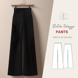 May include: Black wide-leg pants with a high waist and a straight leg. The pants are made of a stretch fabric and have a relaxed fit. The image also includes a line drawing of the pants in white, with the text "Stretch Palazzo Pants" and "Sizes 6-22 (XS-4XL)".