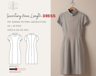 Secretaty Knee Length Dress PDF Sewing Pattern-Sizes 6-22 Layered Pattern | Classic Knee Length Dress | Instant Download