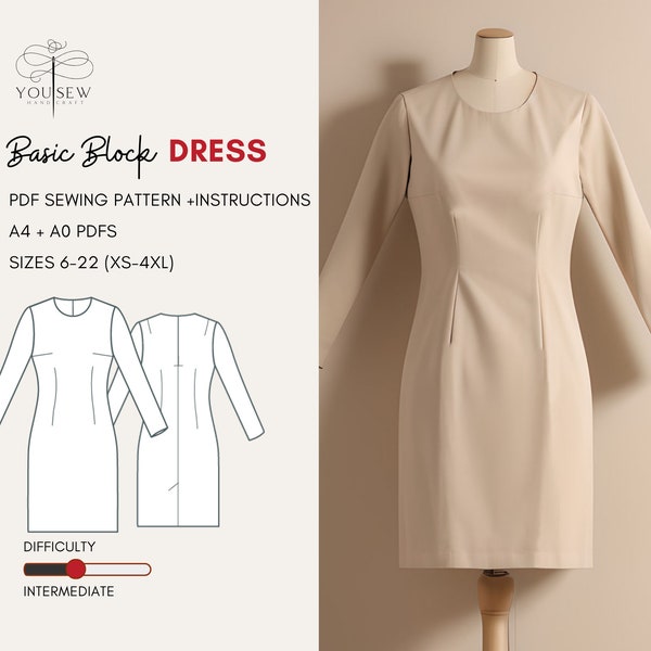 Sloper Dress w Sleeves PDF Sewing Pattern-Sizes 6-22 Layered Pattern | Women's Basic Pattern Block with Fitted Sleeves|