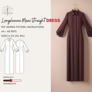 Longlseeve Maxi Dress PDF Sewing Pattern-Sizes 6-22 Layered Pattern-Instant Download | A4-A0-Us Letter Print Format