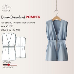 Denim Dreamland Romper PDF Sewing Pattern-Sizes 6-22 Layered Pattern | Denim Shorts Jumpsuit | Instant Download | DIY Fashion