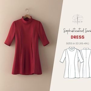 Może przedstawiać: Czerwona sukienka typu swing z wysokim kołnierzem i rękawami 3/4. Sukienka jest pokazana na wieszaku i ma prosty, elegancki design. Tekst "Sophisticated Swing Dress" i "Sizes 6-22 (XS-4XL)" jest widoczny na zdjęciu.