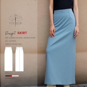Puede incluir: Una falda recta azul claro, de cintura alta, se muestra en una fotografía. La imagen también incluye un patrón de costura con el texto "Straight Skirt" y "Tallas 6-22 (XS-4XL)". La dificultad se indica como intermedia.
