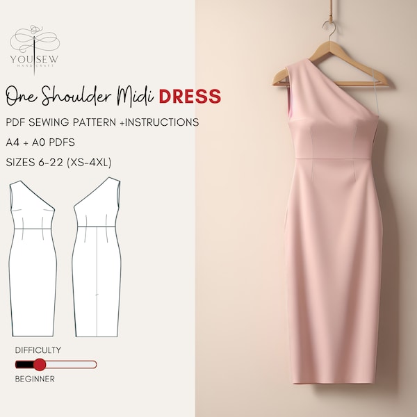 Cocktail One Shoulder Midi Dress PDF Sewing Pattern-Sizes 6-22 Layered Pattern | Cocktail Midi Dress, One Shoulder, Pencil Skirt