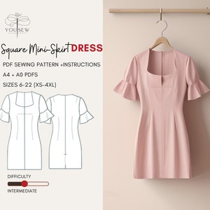 Op de afbeelding: Een naaipatroon voor een vierkante mini-rokjurk met korte mouwen. Het patroon is verkrijgbaar in de maten 6-22 (XS-4XL) en bevat instructies. De moeilijkheidsgraad is gemiddeld.