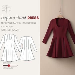 Longsleeve Flared Dress PDF Sewing Pattern Sizes XS-4XL Layered Pattern Instant Download