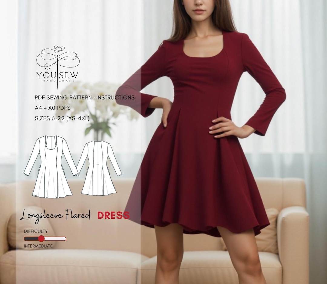 Longsleeve Flared Dress PDF Sewing Pattern Sizes XS-4XL Layered Pattern Instant Download - Etsy Longsleeve Flared Dress PDF Sewing Pattern Sizes XS-4XL Layered Pattern Instant Download - Etsy
