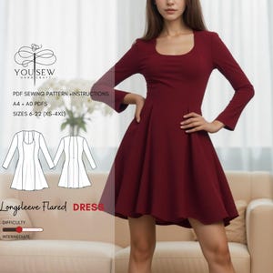 Longsleeve Flared Dress PDF Sewing Pattern Sizes XS-4XL Layered Pattern Instant Download