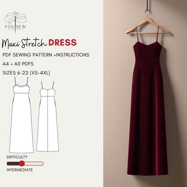 Maxi Stretch Dress PDF Sewing Pattern-Sizes 6-22 Layered Pattern | Maxi Stretch Dress with Straps and in-seam Pockets