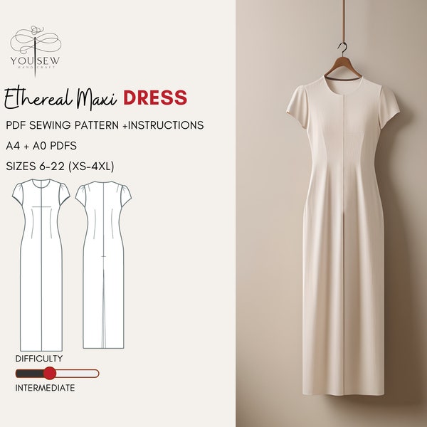 Ethereal Maxi Dress PDF Sewing Pattern-Sizes 6-22 Layered Pattern | Stylish Maxi Dress, Short Sleeve, Round Neck