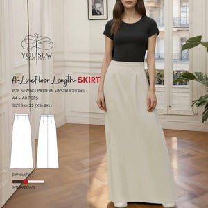 May include: A-line floor-length skirt sewing pattern with instructions. The pattern includes sizes 6-22 (XS-4XL) and is rated intermediate difficulty. The image shows a woman wearing a cream-colored skirt and a black top.