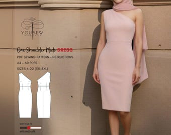 One Shoulder Midi Dress PDF Sewing Pattern Sizes XS-4XL Layered Pattern Instant Download