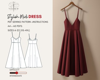 Midi Dress PDF Sewing Pattern-Sizes 6-22 Layered Pattern | Stylish Midi Dress, Deep V-neck, Straps, Very Flared Skirt