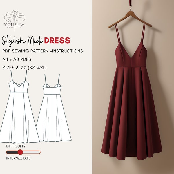 Midi Dress PDF Sewing Pattern-Sizes 6-22 Layered Pattern | Stylish Midi Dress, Deep V-neck, Straps, Very Flared Skirt