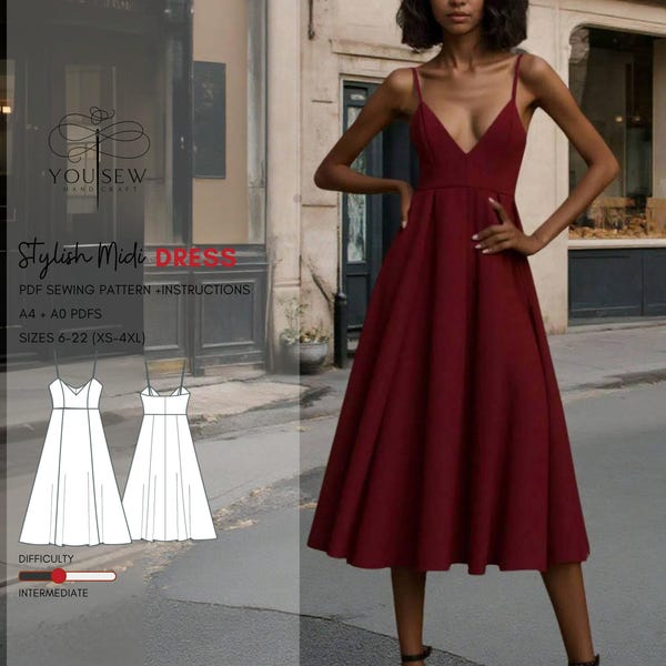 Midi Dress PDF Sewing Pattern Sizes XS-4XL Layered Pattern Instant Download