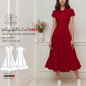 Vintage Button Down Dress PDF Sewing Pattern Sizes XS-4XL Layered Pattern Instant Download