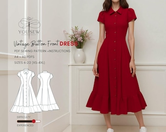 Vintage Button Down Dress PDF Sewing Pattern Sizes XS-4XL Layered Pattern Instant Download