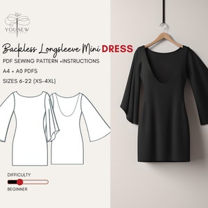 Backless Longsleeve Mini Dress Sewing Pattern (Sizes 6-22) (PDF Pattern)