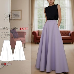 Puede incluir: Una mujer con un top negro sin mangas y una falda larga maxi lavanda. La imagen también muestra un patrón de costura con el texto "Full Circle Maxi SKIRT" y "PDF Sewing Pattern + Instructions". La dificultad está marcada como intermedia.