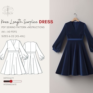 Cross Over Surplice Dress | Knee Length | PDF Sewing Pattern | Sizes 6-22 Layered Pattern | Instant Download