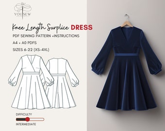 Surplice Midi Dress PDF Sewing Pattern Sizes XS-4XL Layered Pattern Instant Download