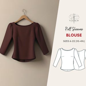 Puff Sleeves Top Blouse | PDF Sewing Pattern-Sizes 6-22 Layered Pattern | A4-A0-Us Letter Print Format