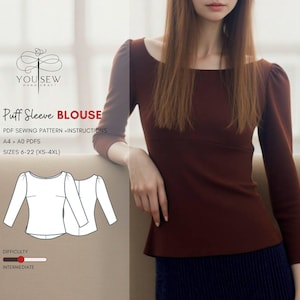 Top Blouse with Puff Sleeves PDF Sewing Pattern Sizes XS-4XL Layered Pattern Instant Download