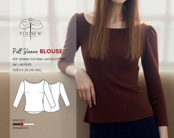 Top Blouse with Puff Sleeves PDF Sewing Pattern Sizes XS-4XL Layered Pattern Instant Download