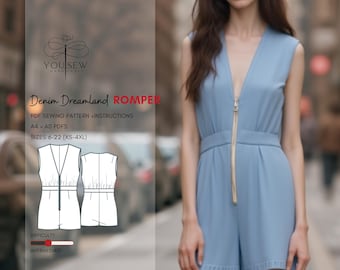 Puede incluir: Un mono vaquero azul claro con cuello en V profundo y cremallera dorada. La prenda tiene cintura entallada y shorts. La imagen incluye un patrón de costura con el texto "Denim Dreamland Romper".