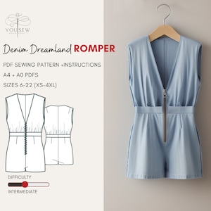 Denim Dreamland Romper PDF Sewing Pattern-Sizes 6-22 Layered Pattern | Denim Shorts Jumpsuit