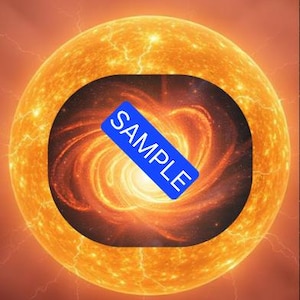 Puede incluir: Un sol naranja y amarillo ardiente con una galaxia negra y naranja giratoria en su interior. La palabra "SAMPLE" está escrita en azul sobre la galaxia.