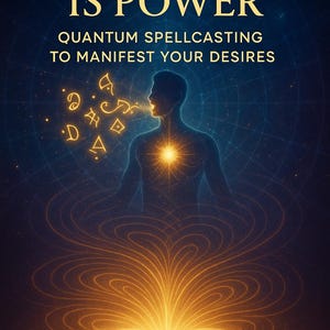 May include: An artistic illustration with the text "THE WORD IS POWER" and "QUANTUM SPELLCASTING TO MANIFEST YOUR DESIRES". The image features a silhouetted figure with light emanating from the chest, with symbols and light radiating from the mouth and an open book.