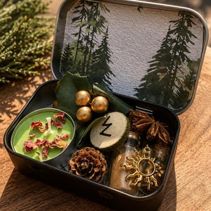 May include: A black metal tin containing a green candle topped with dried rose petals, three gold spheres, a wooden disc with a black zigzag symbol, a pinecone, a small glass bottle, a gold sun charm, and star anise, with a forest print inside the lid.