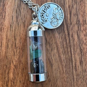 May include: Silver necklace with a clear glass vial filled with green and black stones. The vial is attached to a silver charm with the word "Scorpio" and a scorpion design.