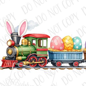 Puede incluir: Ilustración en acuarela de un tren de Pascua con orejas de conejo en la chimenea. Los vagones están llenos de huevos de Pascua decorados. El tren es verde, rojo y negro, con ruedas rojas y está sobre una vía.
