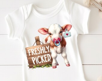Cute Farm Baby PNG, New Baby Dairy Cow Sublimation Digital Download, Freshly Picked Barnyard Baby png Milk Cow png Newborn Baby Shower png