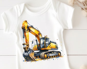 May include: A white baby onesie with a yellow and black excavator illustration. The excavator is on a white background with colorful watercolor splatters.