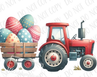 Puede incluir: Un tractor rojo de juguete con un vagón de madera lleno de huevos de Pascua coloridos. El tractor tiene una rueda delantera grande y una rueda trasera más pequeña. El vagón está lleno de cinco huevos, cada uno con un patrón diferente.