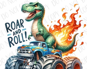 May include: A green dinosaur with flames coming out of its tail is riding on top of a blue monster truck with the words "Roar and Roll!" on the side.