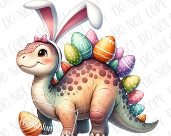 May include: A colorful cartoon dinosaur wearing a pink bunny headband and holding Easter eggs. The dinosaur has a rainbow-colored body and a green tail. The eggs are decorated with different patterns and colors.