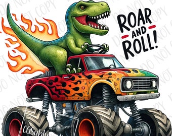 May include: A green dinosaur driving a red and orange monster truck with flames. The text "ROAR AND ROLL!" is displayed in black and red. The truck has large black tires and is set against a white background.