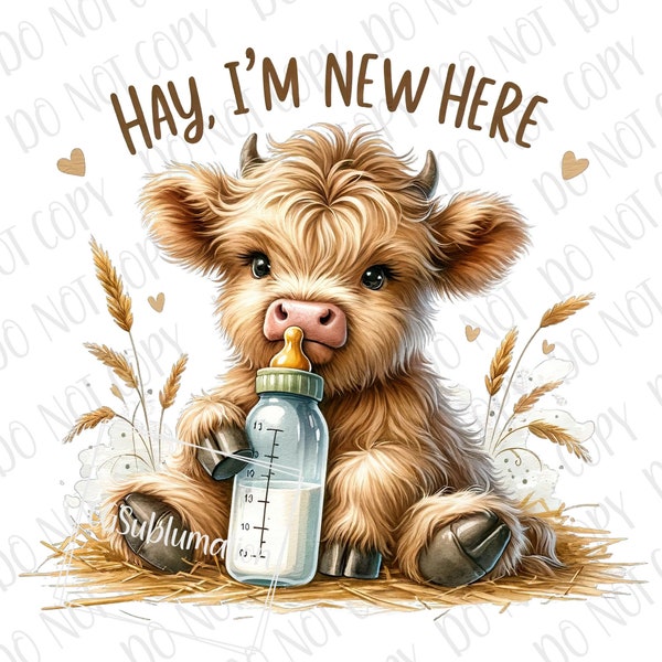 Cute Farm Baby PNG, Hay, I'm New Here Highland Cow Sublimation, Digital Download, Barnyard Baby png, Baby Cow Newborn Baby Shower Farm png