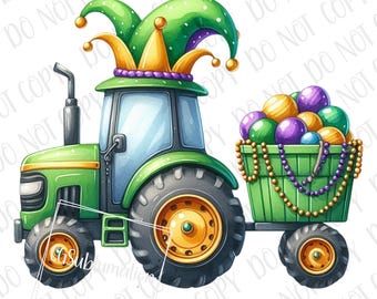 Mardi Gras Tractor PNG Mardi Gras PNG Farm Tractor PNG Gold n Purple Beads Digital Download Sublimation Mardi Gras Boys Southern Kids Gifts