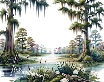 May include: A green alligator with its mouth closed is lying on lily pads in a swamp. The alligator is surrounded by green lily pads and white water lilies. The swamp is filled with tall trees with Spanish moss hanging from their branches. The water is a light blue color.
