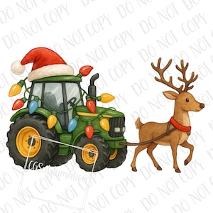 May include: A green tractor decorated with Christmas lights and a Santa hat is pulling a reindeer. The tractor has yellow wheels and is adorned with colorful lights. The reindeer wears a red harness.